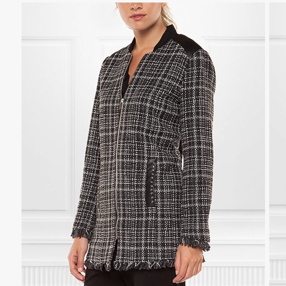 Dex The Suit Shop-NY-Black/white/gray boucle zip suit jacket faux leather S-NWT
